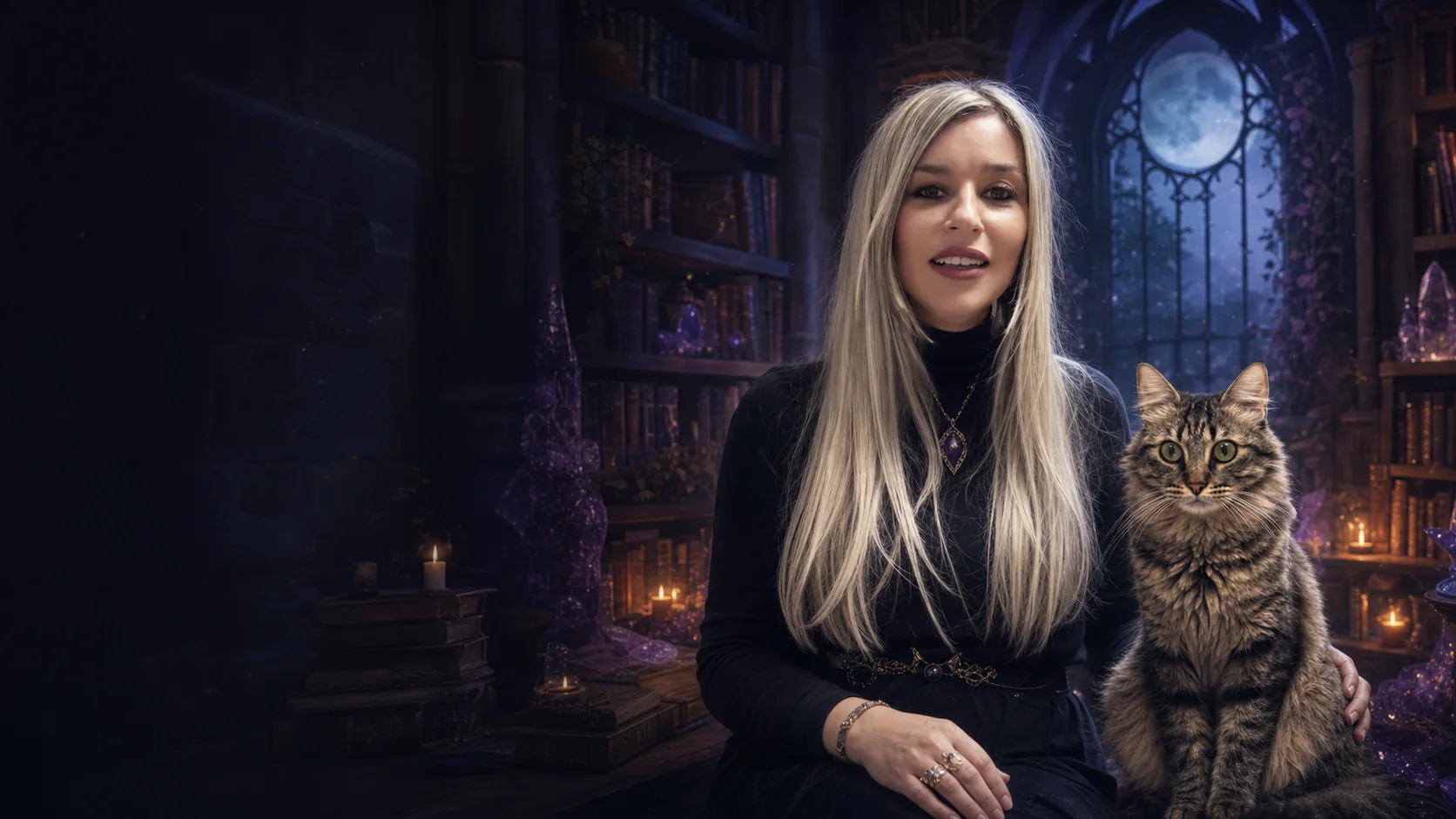 Eva sonriendo junto a Lana, su gata, en una biblioteca iluminada con velas