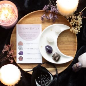 juego de cristales curativos de amor con plato de baratijas de luna