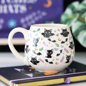 taza redonda con estampado de gato lindo y espeluznante