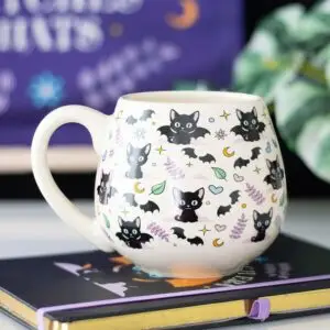 taza redonda con estampado de gato lindo y espeluznante