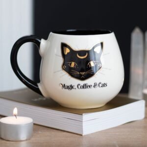 Taza redonda de magia, café y gatos