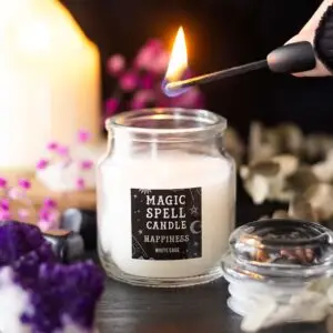 Vela con hechizo de salvia blanca «Felicidad» en frasco