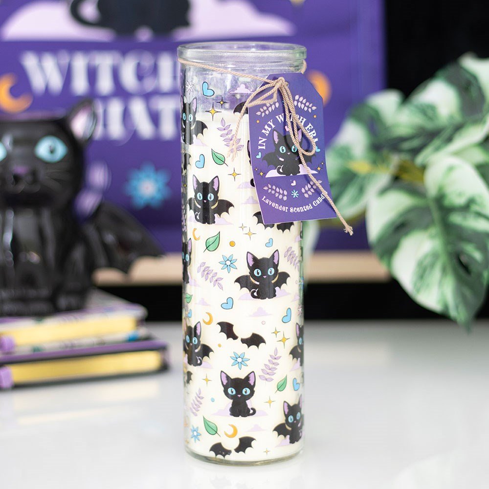 Vela tubular de lavanda con estampado de gato
