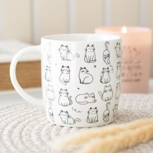Taza blanca con estampado de gato feliz