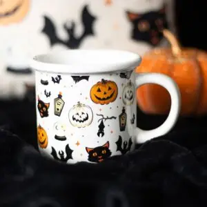 Taza con Estampado de Gato Espeluznante y Calabaza