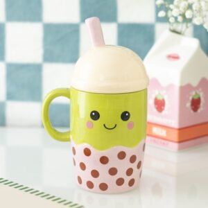 Taza con tapa de té de burbujas Kawaii