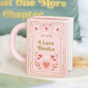 Taza rosa con forma de libro “I Love Books”