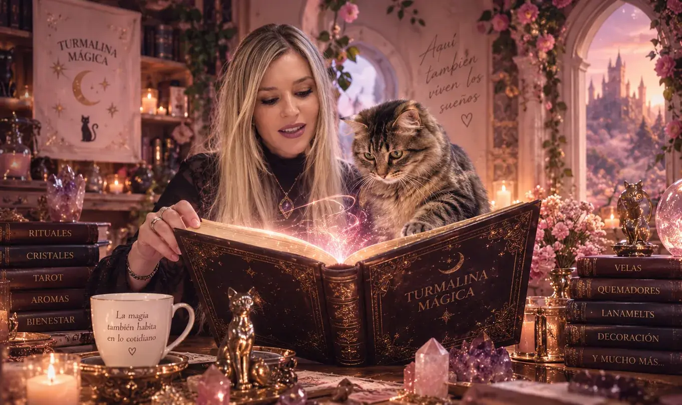Eva y Lana leyendo juntas un gran libro mágico de Turmalina Mágica rodeadas de velas y cristales